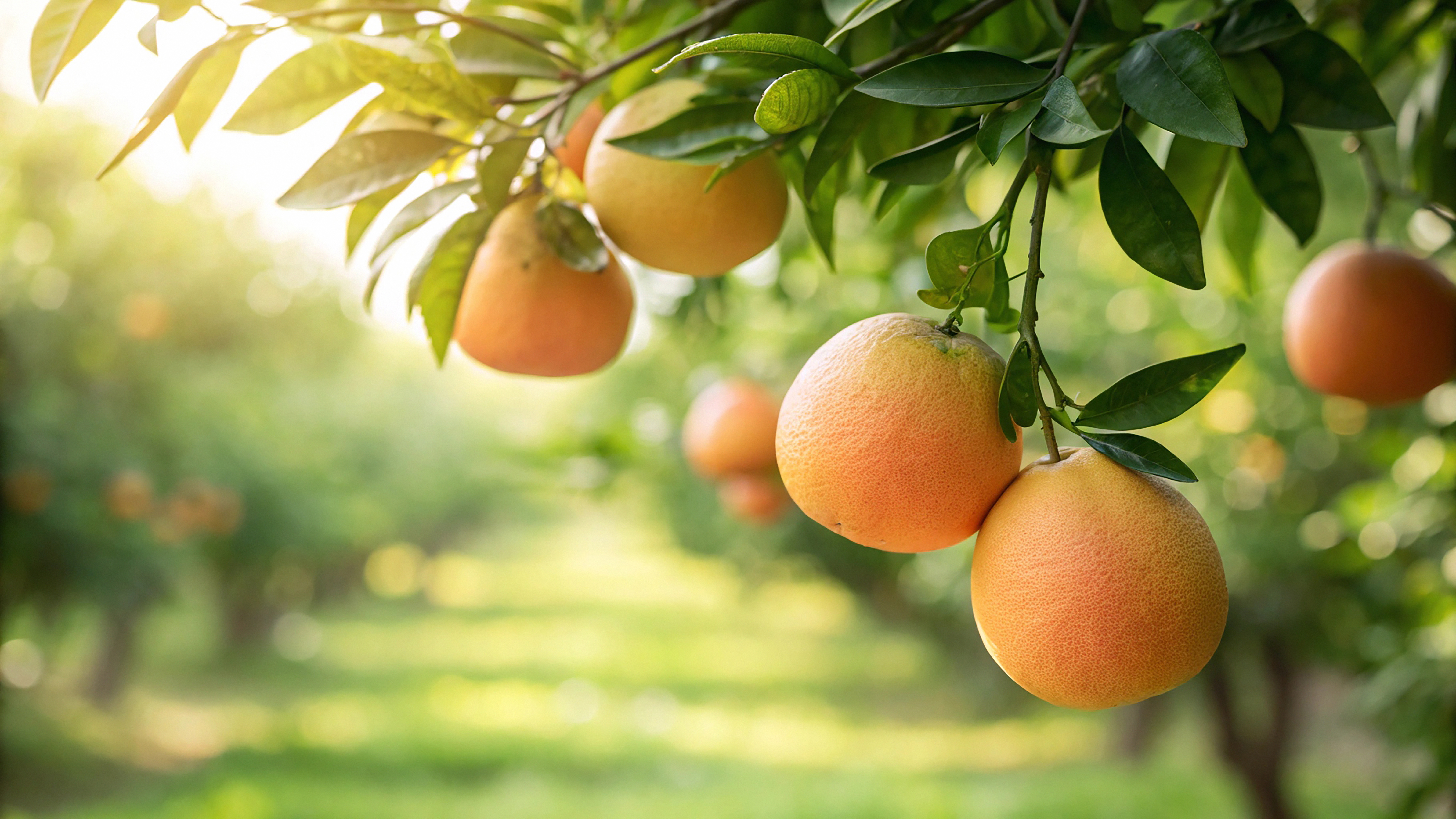 Grapefruit Hanging On Tree In Garden, Grapefruit On Tree In Natural Warm Sunlight Background (11) - Food and drink