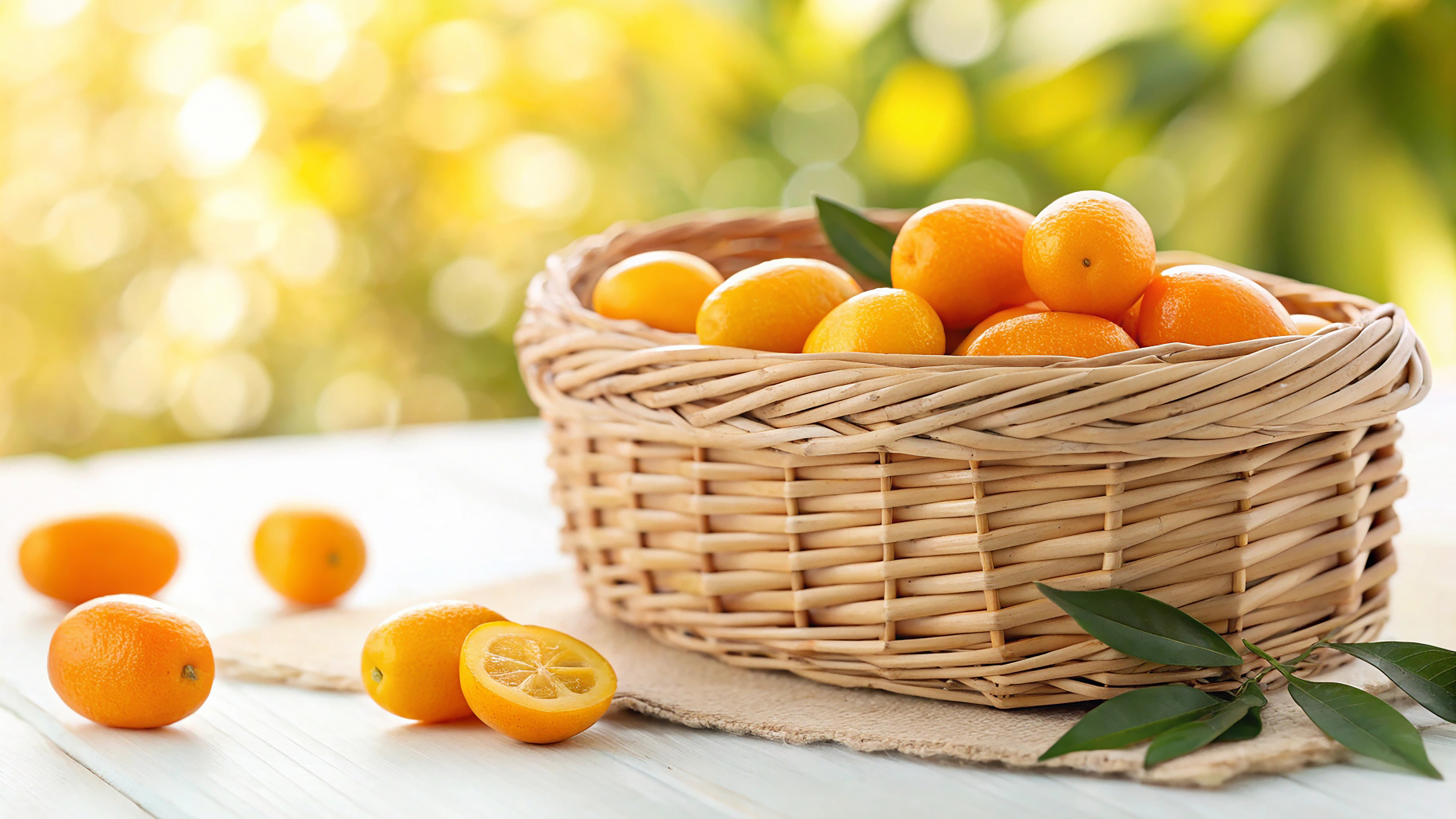 Kumquat In Wicker Basket On Tiled Surface In Garden In Natural Warm Sunlight Background (20) - Food and drink