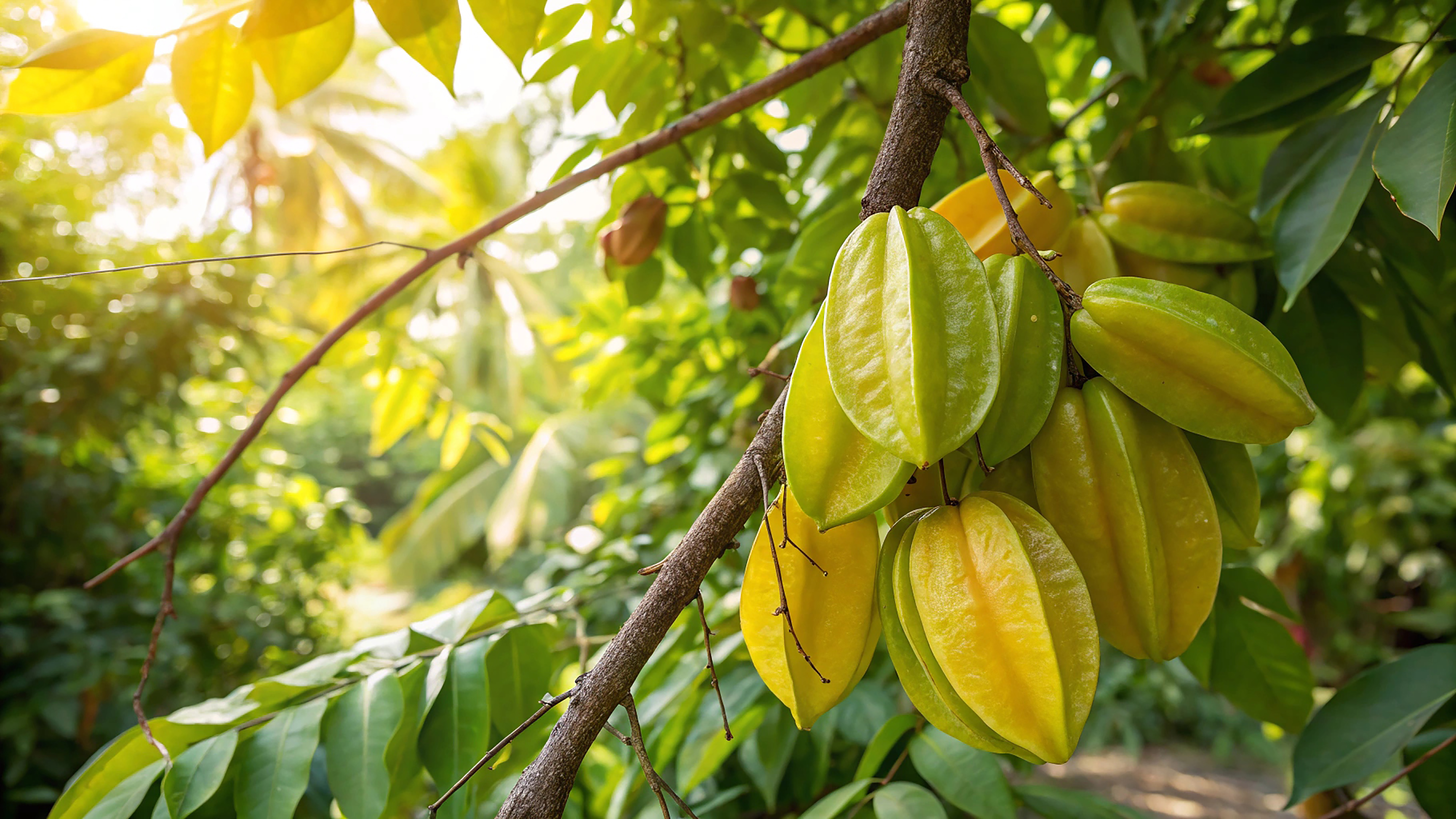 Star Fruits On Tree In Garden, Star Fruit Tree In Natural Warm Sunlight Background (1) - Food and drink