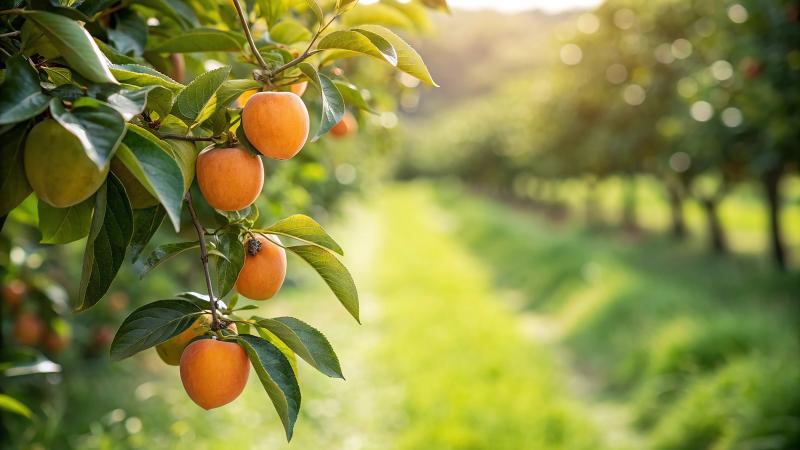 Persimmon On Tree In Garden, Persimmon Hanging On Tree In Natural Warm Sunlight Background (5)