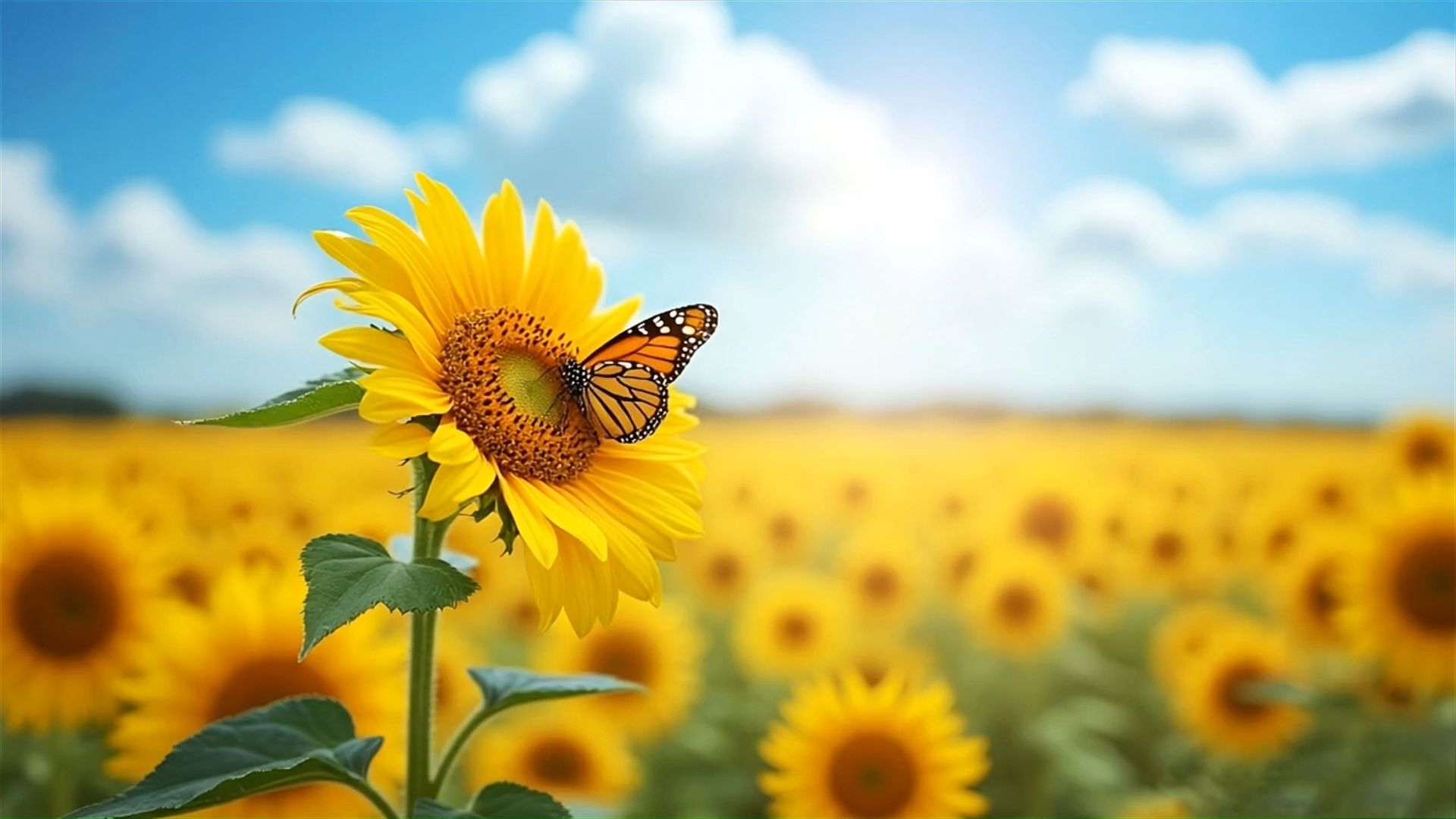 Butterfly On Sunflower In Sunny Day Blue Sky