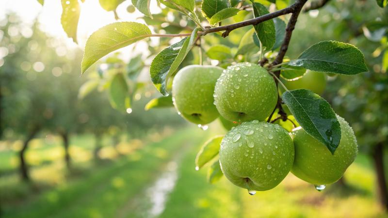 Fresh Green Apple Hanging On Tree With Water Drop In Garden, Green Apple On Tree In Natural Cloudy Day View (28)