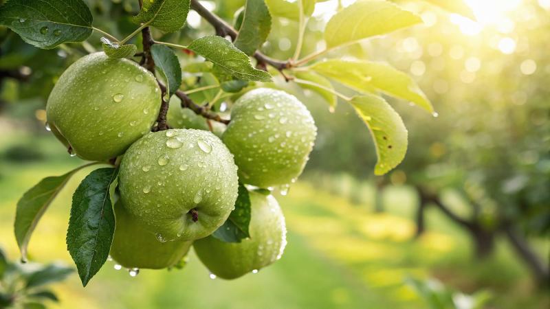 Fresh Green Apple Hanging On Tree With Water Drop In Garden, Green Apple On Tree In Natural Cloudy Day View (39)