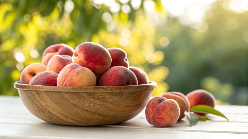 Peach In Wooden Bowl On White Surface In Natural Warm Sunlight View (24)