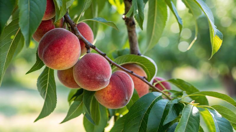 Peach On Tree In Garden, Peach Hanging On Tree In Natural Warm Sunlight Background (5)