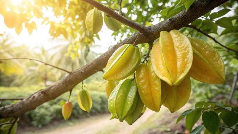 Star Fruit Hanging Tree In Garden, Star Fruits Tree In Natural Warm Sunlight Background (10)